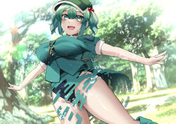 Rule 34 | 1girl, :d, aqua footwear, aqua shirt, aqua skirt, backpack, bag, black one-piece swimsuit, blue eyes, blue hair, blush, boots, breasts, commentary request, covered navel, feet out of frame, flat cap, green hat, hair bobbles, hair ornament, hat, highres, jewelry, kagiyama shachou, kawashiro nitori, key, key necklace, large breasts, looking at viewer, medium hair, necklace, one-piece swimsuit, open mouth, shirt, short sleeves, sidelocks, skirt, smile, solo, swimsuit, swimsuit under clothes, touhou, tree, two side up, water
