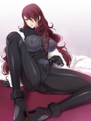Rule 34 | 1girl, arm support, asymmetrical bangs, atlus, black gloves, blush, bodysuit, breasts, breasts apart, covered erect nipples, covered navel, crotch, drill hair, framed breasts, gloves, hair over one eye, high heels, impossible bodysuit, impossible clothes, kirijou mitsuru, komori kei, large breasts, legs, lipstick, long hair, long legs, looking at viewer, makeup, open mouth, parted lips, persona, persona 3, persona 4: the ultimate in mayonaka arena, red eyes, red hair, red lips, shadow, shin megami tensei, shiny clothes, shoes, sitting, skin tight, solo, spread legs, strap pull, thighs, very long hair, wavy hair