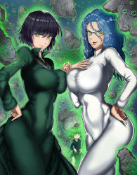 Rule 34 | 3girls, \n/, black dress, black hair, blue hair, bodysuit, breast envy, breast press, breast suppress, breasts, closed mouth, covered navel, curly hair, dress, flipped hair, floating, fubuki (one-punch man), glasses, glowing, glowing eyes, green dress, green eyes, green hair, hair between eyes, hand on own hip, highres, impossible clothes, jewelry, large breasts, levitation, long hair, long sleeves, looking at viewer, multiple girls, necklace, one-punch man, parted lips, pince-nez, pinky out, psychic, psychos (one-punch man), psykos, rimless eyewear, rock, short hair, siblings, side slit, sisters, small breasts, smile, symmetrical docking, tatsumaki, taut clothes, taut dress, telekinesis, the golden smurf, wavy hair