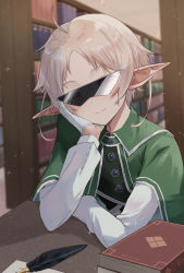 Rule 34 | 1girl, ahoge, blush, book, bookshelf, buttons, capelet, elf, forehead, gloves, green capelet, head on arm, indoors, looking at viewer, mushoku tensei, nakami chihiro, pointy ears, red eyes, shirt, short hair, smile, solo, sunglasses, sylphiette (mushoku tensei), upper body, white gloves, white hair, white shirt