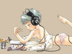 Rule 34 | 1girl, akg, akg k-series headphones, aqua eyes, aqua hair, barefoot, book, bow, bow panties, breast press, breasts, cable, chips (food), eating, feet, food, frilled panties, frills, headphones, highres, jpeg artifacts, lace, lace-trimmed panties, lace trim, leg lift, lingerie, lying, magazine (object), medium breasts, messy, mouth hold, no bra, on stomach, ootsuka mahiro, open book, panties, pillow, pink panties, plantar flexion, potato chips, profile, reading, short hair, simple background, solo, topless, underwear, wallpaper