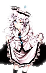 Rule 34 | 1girl, blouse, blue eyes, blush, bow, breasts, clothes lift, female focus, frills, hat, highres, kazetto, medium breasts, merlin prismriver, one eye closed, ribbon, shirt, silver hair, skirt, skirt lift, smile, solo, thighhighs, touhou, white background, wink