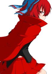Rule 34 | 1girl, black shirt, blue bow, blush, bow, cape, covered mouth, from side, hair bow, hand in pocket, high collar, long sleeves, looking at viewer, profile, red eyes, red hair, red skirt, sekibanki, shirt, short hair, skirt, solo, sumiya nadateru, touhou, upper body