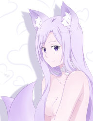 Rule 34 | 1girl, absurdres, animal ear fluff, animal ears, breasts, choker, cleavage, closed mouth, collarbone, convenient arm, convenient censoring, fox ears, fox tail, hair censor, hair over breasts, highres, long hair, medium breasts, nude, peri (qq2748089832), purple eyes, purple hair, quinella, shadow, smile, solo, sword art online, tail, upper body, very long hair, white background