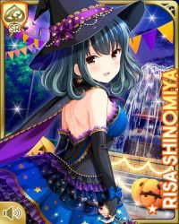 Rule 34 | 1girl, blue bow, blue dress, bow, brown eyes, card (medium), character name, collarbone, dress, girlfriend (kari), green hair, halloween, hat, night, official art, open mouth, outdoors, qp:flapper, shinomiya risa, smile, tagme, witch, witch hat
