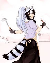 Rule 34 | 10s, 1girl, animal ears, apron, black hair, breasts, brown eyes, chopsticks, common raccoon (kemono friends), cooking, dandara (karakure), fang, frying pan, gloves, grey hair, highres, kemono friends, ladle, large breasts, looking at viewer, multicolored hair, aged up, open mouth, ponytail, pot, raccoon ears, raccoon tail, short sleeves, skirt, smile, solo, stove, tail