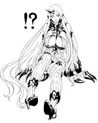 Rule 34 | !, !?, 10s, 1girl, absurdly long hair, abyssal ship, boots, breasts, claws, cleavage, collar, cosmic bear, detached sleeves, dress, full body, greyscale, high collar, high heel boots, high heels, horns, kantai collection, large breasts, lineart, long hair, looking at viewer, monochrome, ribbed dress, seaport water oni, short dress, single horn, sitting, solo, spoken exclamation mark, thigh boots, thighhighs, very long hair