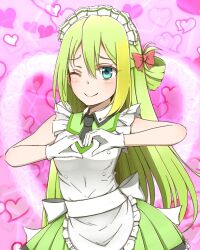 Rule 34 | 1girl, ;), alina gray, alternate costume, apron, black necktie, blonde hair, blush, bow, closed mouth, collared dress, dress, enmaided, frilled apron, frills, gloves, green dress, green hair, hair bow, heart, heart hands, long hair, magia record: mahou shoujo madoka magica gaiden, mahou shoujo madoka magica, maid, maid apron, maid headdress, multicolored hair, necktie, one eye closed, pink background, sansho ss, smile, solo, straight hair, streaked hair, white apron, white gloves