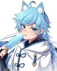 Rule 34 | 1boy, ahoge, alternate hair length, alternate hairstyle, animal ears, black gloves, blue eyes, blue hair, cat boy, cat ears, chongyun (genshin impact), commentary, english commentary, fingerless gloves, food, genshin impact, gloves, highres, hinghoi, holding, jacket, kemonomimi mode, long hair, looking at viewer, male focus, popsicle, simple background, solo, tongue, tongue out, white background, wide sleeves