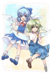 Rule 34 | 2girls, ascot, blue bow, blue dress, blue eyes, blue footwear, blue hair, bow, bowtie, brown footwear, cirno, clenched hands, collared dress, commission, daiyousei, dress, fairy, fairy wings, floating, green eyes, green hair, hair bow, hands on own hips, highres, ice, ice wings, kuroi mimei, light frown, loafers, mary janes, medium dress, medium hair, multiple girls, one side up, open mouth, puffy short sleeves, puffy sleeves, red bow, red neckwear, shoes, short sleeves, sidelocks, single horizontal stripe, skeb commission, smile, socks, touhou, white legwear, wings, yellow neckwear