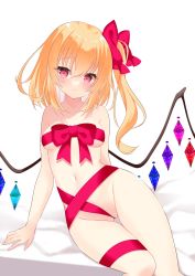 Rule 34 | 1girl, absurdres, arm support, blonde hair, blush, bow, breasts, cleft of venus, collarbone, crystal, feet out of frame, flandre scarlet, groin, hair between eyes, highres, knees together feet apart, leaning to the side, long hair, looking at viewer, naked ribbon, navel, no headwear, on bed, one side up, pink eyes, red bow, red ribbon, ribbon, simple background, small breasts, smile, solo, thigh gap, thighs, tosakaoil, touhou, wedgie, white background, wings