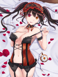 Rule 34 | 1girl, :p, bad id, bad pixiv id, bare shoulders, black hair, black panties, breasts, cleavage, clock eyes, clothing cutout, commentary request, cowboy shot, cross-laced clothes, cross-laced cutout, date a live, flower, garter straps, hairband, heterochromia, highres, lolita hairband, long hair, looking at viewer, lying, medium breasts, middouei (ms-alma-tribe), navel, on back, on bed, panties, petals, pocket watch, red eyes, red flower, red rose, roman numeral, rose, solo, strap pull, symbol-shaped pupils, thigh gap, thighs, tokisaki kurumi, tongue, tongue out, twintails, underwear, watch, yellow eyes
