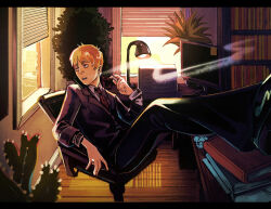 Rule 34 | 1boy, absurdres, black pants, blonde hair, bookshelf, cactus, feet on table, formal, highres, indoors, lamp, leaning back, male focus, mob psycho 100, monitor, necktie, open mouth, pants, plant, potted plant, red necktie, reigen arataka, short hair, sitting, smoking, solo, suit, window, wooden floor, wormfolk