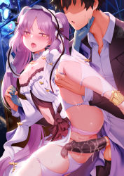 Rule 34 | 1boy, 1girl, after vaginal, aftersex, bare shoulders, black hair, black jacket, blush, breasts, breasts out, cleft of venus, collarbone, condom, condom on penis, dress, dress shirt, euryale (fate), euryale (lostroom outfit) (fate), fate/grand order, fate/hollow ataraxia, fate (series), frilled hairband, frills, fujimaru ritsuka (male), gloves, grey gloves, hairband, has bad revision, has censored revision, hetero, highres, jacket, leg lift, long hair, looking at viewer, lostroom outfit (fate), m-da s-tarou, nipples, open mouth, panties, parted bangs, penis, purple eyes, purple hair, pussy, pussy juice, shirt, short hair, sidelocks, slit pupils, small breasts, spread legs, testicles, tongue, tongue out, twintails, underwear, used condom, used condom on penis, very long hair, white dress, white panties, white shirt