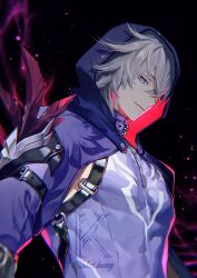 1boy artist_name black_background closed_mouth feathers gloves grey_hair hair_between_eyes highres honkai:_star_rail honkai_(series) hood hood_up jacket koshika_rina male_focus moze_(honkai:_star_rail) purple_feathers purple_hood purple_jacket purple_tank_top short_hair tank_top weibo_logo