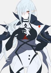 Rule 34 | 1girl, aqua hair, arknights, ascot, black gloves, blush, cape, clothes lift, commentary, cropped legs, dress, dress lift, elbow gloves, frown, gladiia (arknights), gloves, grey background, hair over one eye, hand on own chest, high collar, highres, long hair, looking at viewer, mere91tseger4, no headwear, one eye covered, pants, pointy ears, red eyes, simple background, solo, tight clothes, tight pants, upper body, white ascot, white pants