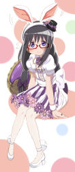 Rule 34 | 1girl, akemi homura, animal ears, arm support, black hair, black hat, blouse, bow, braid, closed mouth, fake animal ears, flower, flying sweatdrops, full body, hair bow, hat, high heels, hitoshi suda, invisible chair, jewelry, leaning forward, long hair, looking at viewer, mahou shoujo madoka magica, mahou shoujo madoka magica (anime), mini hat, mini top hat, puffy short sleeves, puffy sleeves, purple bow, purple eyes, purple skirt, rabbit ears, ring, shirt, shoes, short sleeves, sitting, skirt, smile, solo, soul gem, standing, striped clothes, striped skirt, top hat, twin braids, vertical-striped clothes, vertical-striped skirt, white footwear, white shirt