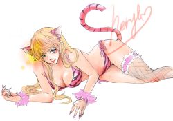 Rule 34 | 1girl, animal ears, animal print, aqua eyes, bad id, bad pixiv id, bikini, blonde hair, breasts, cat ears, cat tail, cleavage, fishnets, highres, large breasts, lips, macross, macross frontier, sheryl nome, side-tie bottom, solo, swimsuit, tail, tiger ears, tiger print, tiger tail, yuiko09