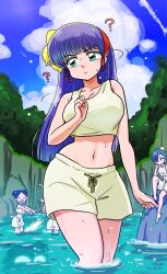 Rule 34 | 1990s (style), 4girls, ?, aged down, arm across chest, arm at side, bathing, blue eyes, blue sky, breasts, caution, cloud, cologne (ranma 1/2), flashback, forest, hairband, highres, large breasts, looking around, looking to the side, multiple girls, nature, navel, onsen, outdoors, purple hair, ranma 1/2, red hairband, retro artstyle, ribbon, same-sex bathing, shared bathing, shirt, shorts, signature, sky, splashing, underwear, wanta (futoshi), water, wide hips, yellow ribbon, yellow shirt, yellow shorts