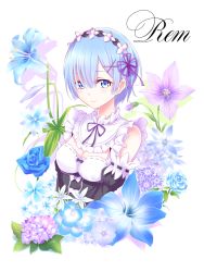 Rule 34 | 10s, 1girl, bellflower, black ribbon, blue eyes, blue flower, blue hair, blue pansy, blue rose, breasts, character name, choker, cleavage, detached sleeves, floral background, flower, hair between eyes, hair flower, hair ornament, hair ribbon, head wreath, hydrangea, lily (flower), medium breasts, neck ribbon, pansy, purple flower, purple ribbon, re:zero kara hajimeru isekai seikatsu, rem (re:zero), ribbon, ribbon-trimmed sleeves, ribbon trim, rose, short hair, simple background, smile, solo, upper body, white background, white flower, yuki (sangeki5806)