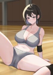 1girl bandaged_fingers bandages breasts brown_hair buruma cleavage collarbone grey_buruma grey_eyes grey_sports_bra highres large_breasts midriff navel original ramachiru shirt short_hair sitting solo sports_bra wooden_floor