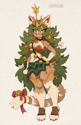 1girl animal_ear_fluff animal_ears artist_name bell breasts cat cat_ears cat_girl cat_tail christmas christmas_tree commentary english_commentary full_body furrification furry furry_female green_skirt hand_on_own_hip highres jingle_bell looking_at_viewer navel original simple_background skirt solo standing tail two-tone_fur waspsalad white_background