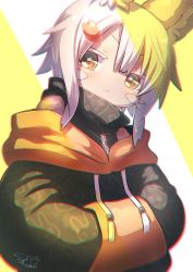 Rule 34 | 1other, alternate costume, animal ears, bandam, black hoodie, brown eyes, chromatic aberration, commentary request, contemporary, drawstring, furry, grey hair, hair ornament, hairclip, hands in pockets, head tilt, high collar, highres, hood, hood down, hoodie, horizontal pupils, looking at viewer, made in abyss, medium hair, nanachi (made in abyss), other focus, print hoodie, signature, simple background, solo, streetwear, upper body, whiskers, zipper