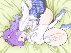 Rule 34 | 1girl, anus, ass, bed, blush, boots, breasts, cleft of venus, close-up, feet, female masturbation, hou (hachiyou), legs, long hair, looking away, lying, masturbation, nipples, no panties, on side, open mouth, purple eyes, purple hair, pussy, skirt, small breasts, solo, spinel (summon night), summon night, summon night 5, thigh boots, thighhighs, thighs, uncensored, wet