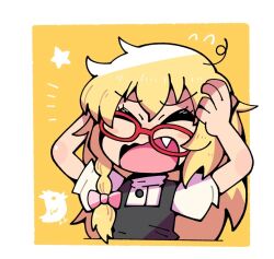Rule 34 | 1girl, black vest, blonde hair, blush, bow, braid, closed eyes, commentary, cookie (touhou), fang, flying sweatdrops, glasses, hair bow, hands on own head, kirisame marisa, long hair, medium bangs, notice lines, open mouth, pink bow, red-framed eyewear, shirt, short sleeves, side braid, single braid, sn (zigzagspark6), solo, the chicken that appears in the middle of cookie, touhou, upper body, uzuki (cookie), vest, white shirt, yellow background