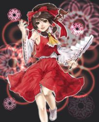 Rule 34 | 1girl, ascot, bow, brown eyes, brown hair, collar, detached sleeves, female focus, gohei, hair bow, hakurei reimu, holding, long sleeves, looking at viewer, ponytail, red bow, red skirt, skirt, socks, solo, standing, standing on one leg, stick, touhou, vest, white socks, wide sleeves, xero