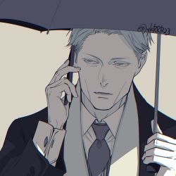 Rule 34 | 1boy, cellphone, collared shirt, formal, greyscale, holding, holding phone, holding umbrella, jujutsu kaisen, lips, long sleeves, lower teeth only, male focus, monochrome, nanami kento, necktie, parted lips, phone, pinstripe pattern, pinstripe suit, portrait, shirt, short hair, smartphone, solo, striped, suit, teeth, umbrella, ykrrr23