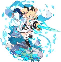 Rule 34 | 1girl, ahoge, aqua bow, arm shield, arm up, artist request, asymmetrical gloves, back bow, bare shoulders, black gloves, black thighhighs, blonde hair, blue eyes, blue flower, blush, bow, breasts, bush, cape, unworn cape, celtie (world flipper), clenched hand, closed mouth, day, detached sleeves, dress, energy sword, female focus, flower, footwear bow, frilled sleeves, frills, full body, gloves, grass, hair ornament, half-closed eyes, half gloves, happy, heart, highres, holding, holding sword, holding weapon, leaning forward, leg up, looking at viewer, medium hair, moss, non-web source, official art, outdoors, outstretched arms, petals, pleated dress, rapier, shield, shoes, sidelocks, single vambrace, small breasts, smile, solo, stairs, standing, standing on one leg, strapless, strapless dress, sword, thighhighs, transparent background, two-sided cape, two-sided fabric, two side up, uneven gloves, v-shaped eyebrows, vambraces, weapon, white cape, white dress, white footwear, white sleeves, world flipper, zettai ryouiki