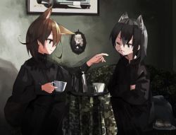 Rule 34 | 2girls, alternate costume, animal ear fluff, animal ears, black eyes, black hair, brown hair, commentary, common raccoon (kemono friends), couch, cup, earrings, extra ears, eyes visible through hair, fennec (kemono friends), food, food on face, fox ears, fox girl, hair between eyes, highres, holding, holding cup, indoors, jewelry, kemono friends, light smile, long sleeves, looking at another, multiple girls, nanana (nanana iz), one eye closed, open mouth, outstretched arm, portrait (object), raccoon ears, raccoon girl, raccoon tail, short hair, stud earrings, tail, tray
