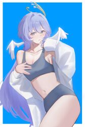 Rule 34 | 1girl, absurdres, aqua eyes, bare shoulders, blue background, breasts, cleavage, commentary, cowboy shot, crop top, grey hair, hand up, head wings, highres, honkai: star rail, honkai (series), long hair, looking at viewer, midriff, navel, off shoulder, parted lips, robin (honkai: star rail), solo, sports bra, standing, stomach, thighs, very long hair, wings, yasashihito