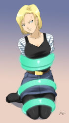 Rule 34 | 1girl, android 18, arms behind back, bdsm, blonde hair, blue eyes, bondage, bound, bound arms, bound legs, bound torso, breasts, cleavage, dragon ball, dragonball z, earrings, jewelry, lost one zero, medium breasts, skirt, sweat