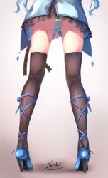 Rule 34 | 1girl, ankle lace-up, ankle strap, black thighhighs, blue ribbon, clothes pull, cross-laced footwear, dress, frilled skirt, frills, gradient background, high heels, highres, lee-chan (saraki), lee (saraki), lower body, original, out of frame, panties, pantyshot, ribbon, saraki, signature, skirt, skirt pull, solo, strappy heels, thighhighs, underwear, upskirt, white panties