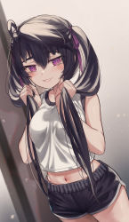 Rule 34 | 1girl, absurdres, ahoge, bare arms, bare shoulders, black hair, black shorts, blurry, blurry background, blush, breasts, commentary request, cowboy shot, dutch angle, grin, hair between eyes, hair ribbon, highres, holding, holding own hair, long hair, looking at viewer, md5 mismatch, medium breasts, midriff, navel, original, purple eyes, purple ribbon, resolution mismatch, revision, ribbon, shirt, short shorts, shorts, sleeveless, sleeveless shirt, smile, solo, source smaller, stomach, thighs, torriet, twintails, white shirt