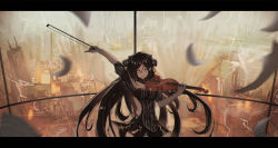 Rule 34 | 1girl, aer7o, black dress, black hair, blurry, blurry foreground, building, cityscape, closed mouth, clothing cutout, collarbone, crack, cracked glass, depth of field, dreamer (girls&#039; frontline), dress, explosion, feathers, fire, floating hair, girls&#039; frontline, hair between eyes, hair ornament, headgear, highres, holding, holding instrument, holding violin, instrument, letterboxed, long hair, looking at viewer, music, outstretched arm, pinky out, playing instrument, ruins, sangvis ferri, scenery, shoulder cutout, side cutout, sidelocks, smile, solo, striped clothes, striped dress, very long hair, violin, white feathers, wind, wind lift, yellow eyes