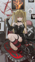 Rule 34 | 1girl, amane misa, black collar, black dress, black gloves, black nails, blonde hair, boots, breasts, collar, collarbone, cross, cross necklace, death note, dress, fingerless gloves, gloves, head tilt, highres, holding, holding hair, jewelry, k00s, looking at viewer, nail polish, necklace, red eyes, sitting, small breasts, solo, two side up