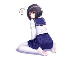 Rule 34 | 1girl, absurdres, allenes, black hair, blue eyes, blue sailor collar, blue skirt, blush, closed mouth, commentary, copyright request, full body, highres, long sleeves, looking at viewer, looking back, no shoes, pantyhose, paw print, paw print socks, paw print soles, pleated skirt, sailor collar, school uniform, serafuku, shadow, shirt, short hair, sitting, skirt, soles, solo, speech bubble, spoken paw, wariza, white background, white pantyhose, white shirt