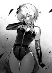 Rule 34 | 1girl, bare shoulders, belt, chain, detached sleeves, flower, genshin impact, gluteal fold, gradient background, greyscale, hair flower, hair ornament, highres, leotard, long sleeves, looking at viewer, lumine (genshin impact), monochrome, short hair with long locks, sidelocks, solo, spot color, ssm (ssm82048039), thighs, yellow eyes