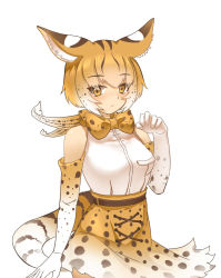 Rule 34 | 10s, 1girl, animal ears, bare shoulders, blonde hair, bow, bowtie, claw pose, cowboy shot, elbow gloves, expressionless, extra serval (kemono friends), gloves, high-waist skirt, kemono friends, looking at viewer, print bow, print bowtie, print gloves, print neckwear, print skirt, qtsuki, serval print, serval tail, shirt, short hair, simple background, skirt, sleeveless, sleeveless shirt, solo, striped tail, tail, white background, white shirt, yellow eyes