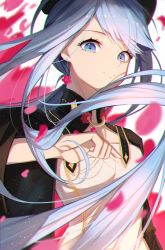 Rule 34 | 1girl, alternate costume, blue eyes, blue hair, chinese clothes, chinese commentary, close-up, falling petals, floating hair, hatsune miku, highres, jewelry, jijing zishui, looking down, necklace, petals, smile, solo, vocaloid
