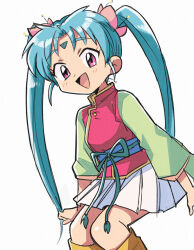 1girl blue_hair facial_mark forehead_mark hair_ornament long_hair looking_at_viewer masaki_sasami_jurai open_mouth pink_eyes retro_artstyle simple_background skirt smile solo tenchi_muyou! tsubobot twintails very_long_hair white_background