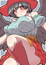 Rule 34 | 1girl, bandana, bare shoulders, black hair, black wings, blue shirt, blush, boots, breasts, cowboy boots, cowboy shot, detached sleeves, emina, feathered wings, highres, horse girl, kurokoma saki, large breasts, looking at viewer, medium hair, off-shoulder shirt, off shoulder, one-hour drawing challenge, pegasus wings, red eyes, shirt, simple background, skirt, smile, solo, touhou, wings