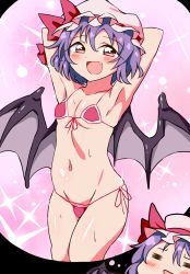 Rule 34 | 1girl, :d, = =, alternate costume, armpits, arms behind head, arms up, bat wings, bikini, blush, breasts, bwell, commentary request, cowboy shot, fang, grey wings, groin, hair between eyes, hat, highres, imagining, looking at viewer, mob cap, navel, open mouth, pink bikini, pink hat, purple hair, red eyes, remilia scarlet, short hair, side-tie bikini bottom, smile, solo, sparkle, swimsuit, touhou, wings