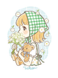 Rule 34 | 1girl, apron, black eyes, blonde hair, blue ribbon, bright pupils, commentary request, daisy, dress, floral print, flower, from side, grid background, head scarf, highres, holding, holding flower, holding stuffed toy, looking to the side, original, print apron, profile, ribbon, short hair, short sleeves, signature, solo, stuffed animal, stuffed toy, teddy bear, tokoyu, white apron, white background, white dress, white flower, white pupils