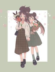 Rule 34 | 2girls, :d, bag, black footwear, blue eyes, blush, border, bouquet, brown hair, brown skirt, closed mouth, collared shirt, commentary, creatures (company), double bun, dress, flower, foongus, game freak, gen 5 pokemon, green border, green dress, green socks, hair bun, handbag, high-waist skirt, highres, hilda (pokemon), hime (himetya105), holding, holding bouquet, holding flower, holding hands, long sleeves, looking at viewer, multiple girls, nintendo, open mouth, outside border, pink flower, pink tulip, pokemon, pokemon (creature), pokemon bw, pokemon bw2, rosa (pokemon), shirt, shirt tucked in, shoes, side-by-side, simple background, skirt, sleeveless, sleeveless dress, smile, socks, symbol-only commentary, tepig, tulip, twintails, white background, white shirt, yuri
