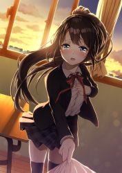 Rule 34 | 1girl, :o, backlighting, black jacket, black skirt, blazer, blue eyes, blush, brown hair, collared shirt, commentary request, crying, crying with eyes open, desk, dress shirt, dutch angle, floating hair, highres, indoors, jacket, long hair, long sleeves, looking at viewer, minamoto mamechichi, miniskirt, neck ribbon, official art, open clothes, open jacket, open mouth, original, plaid, plaid skirt, ponytail, red neckwear, ribbon, school desk, school uniform, shirt, shirt tug, sidelocks, skirt, solo focus, sunset, tears, thighhighs, white shirt, wing collar