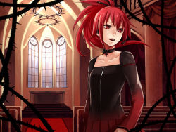 Rule 34 | 1girl, choker, church, collarbone, cul, hair ribbon, headset, highres, indoors, juju (mayamaya), long hair, open mouth, plant, ponytail, red eyes, red hair, ribbon, solo, vines, vocaloid